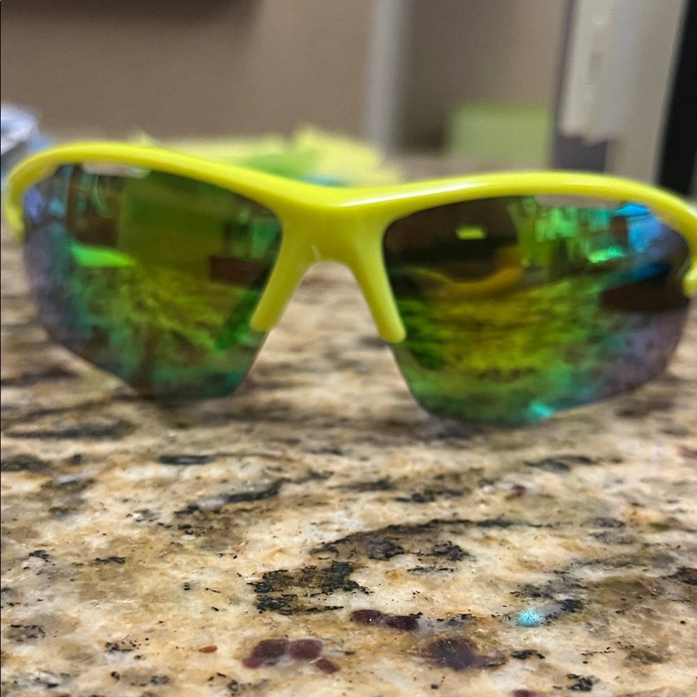 Neon Yellow Men's Sports Sunglasses with Green Mirrored Lenses